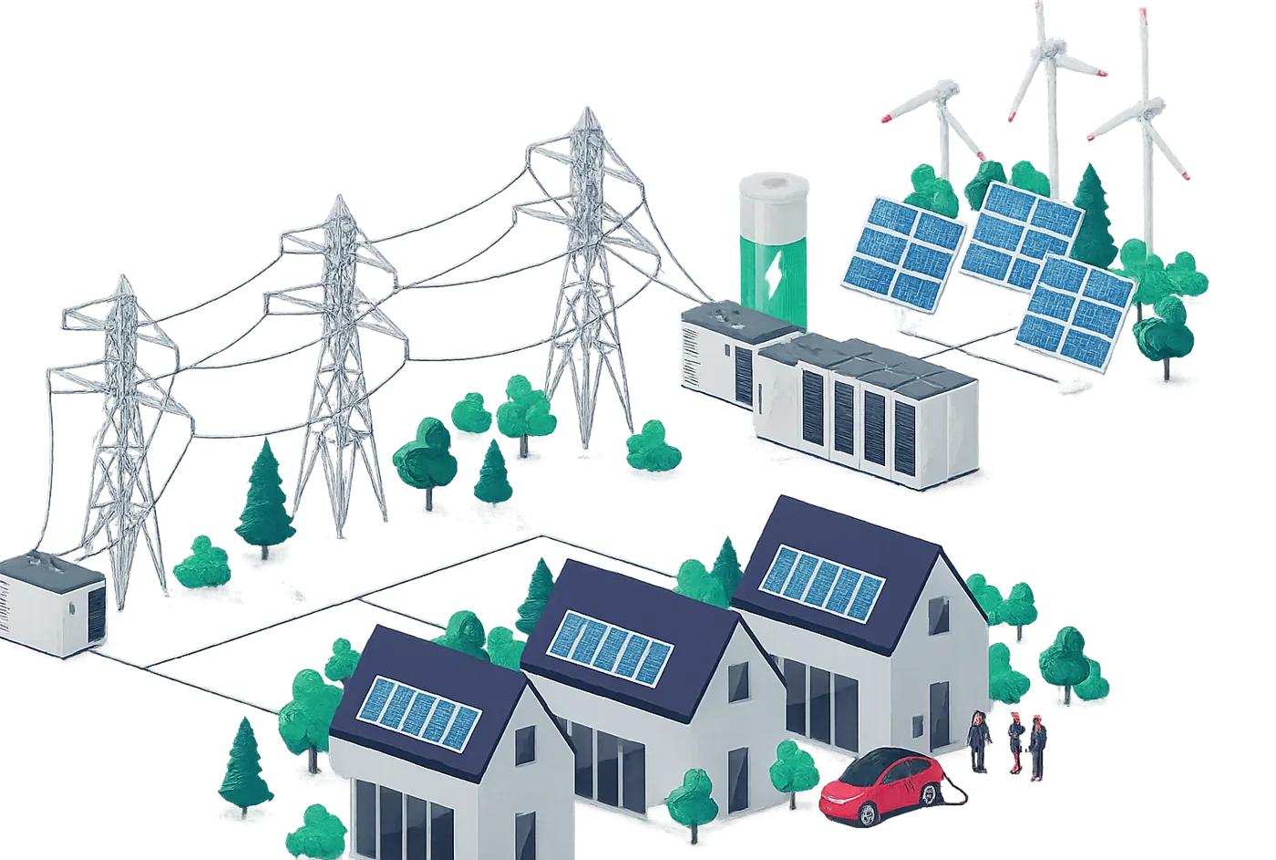 A resilient community: transmission lines, a battery and container yard, solar roofs, wind turbines, and homes connected by a single grid