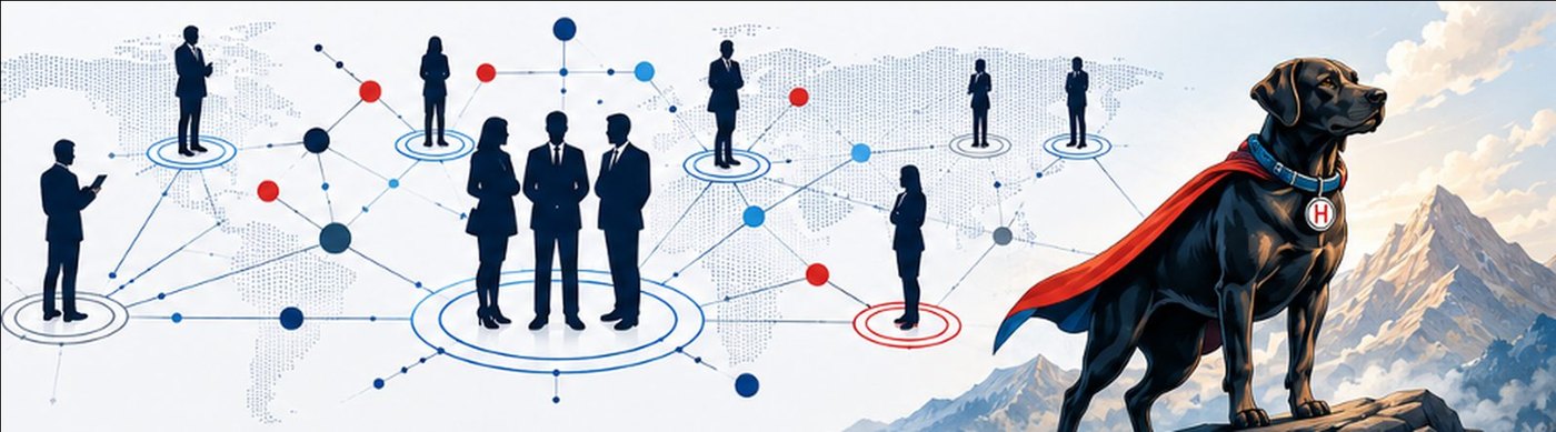 A connected team of stakeholders mapped across the world, with the HERO mascot standing watch
